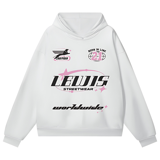 Lewis Born In Line Racing Oversize Heavyweight Hidden Pocket Fleece Hoodie - White/Pink